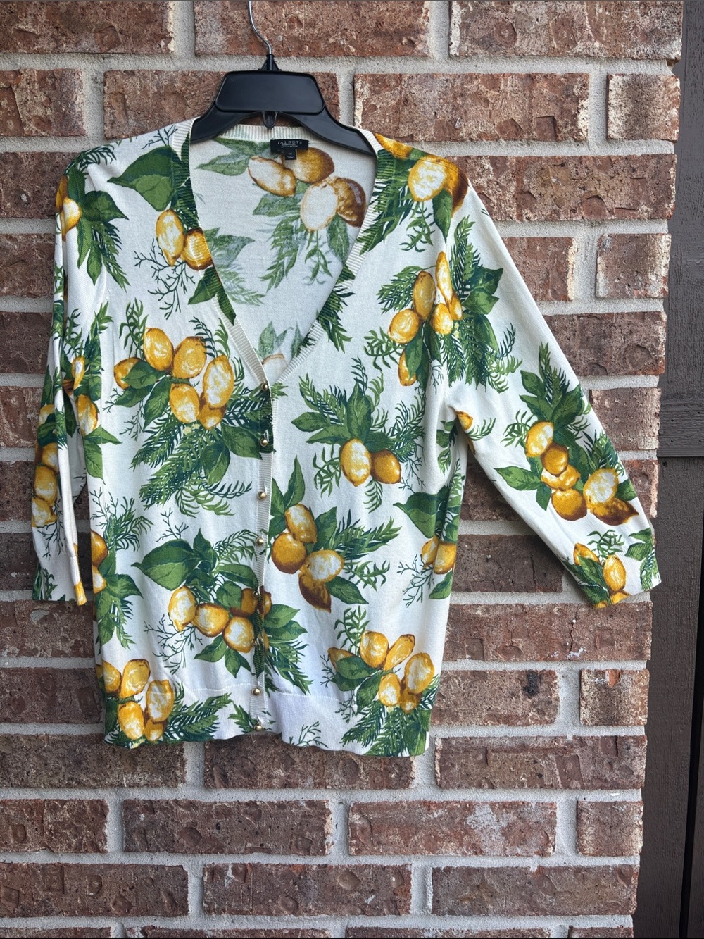 Talbots Lemon Print Cardigan - gold buttons- Yellow/Green